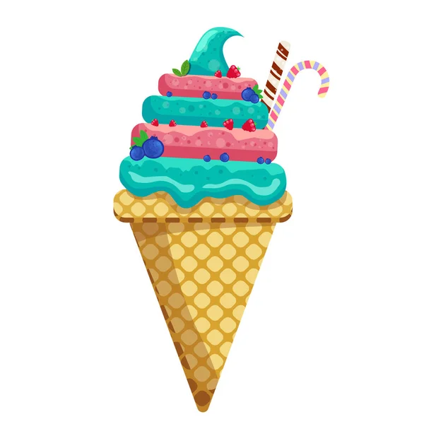 Ilustração Vetor Delicioso Cone Waffle Sorvete Colorido Icecream Mirtilo Framboesa — Vetor de Stock