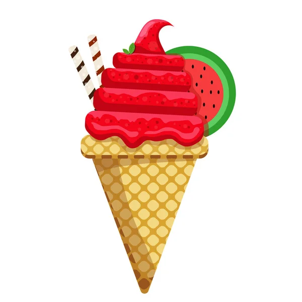 Ilustração Vetor Delicioso Cone Waffle Sorvete Colorido Icecream Melancia Scoops — Vetor de Stock