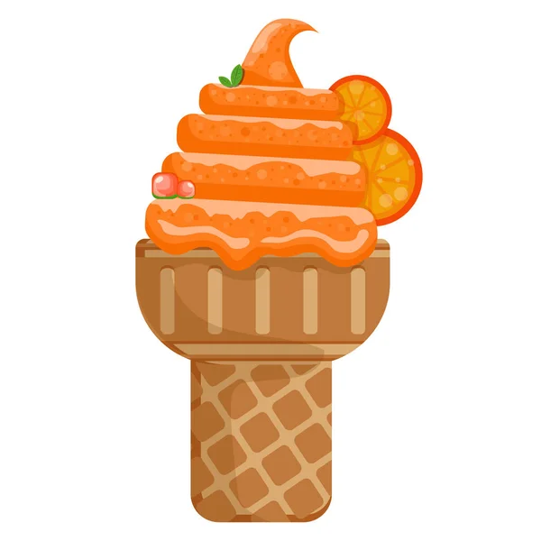 Vektorové Ilustrace Lahodné Barevné Zmrzlina Vafle Kužel Icecream Orange Scoops — Stockový vektor