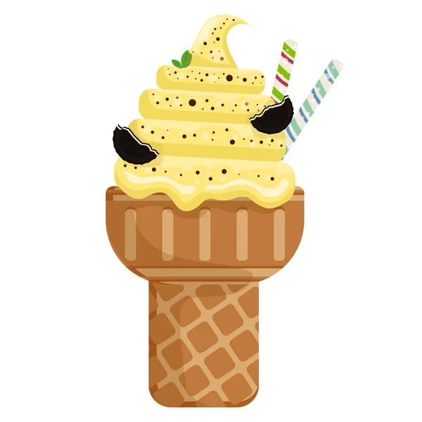 Vector Illustration Köstliche Bunte Eis Waffelkegel Eis Schokolade Chip Himbeere — Stockvektor