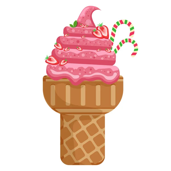 Vector Illustratie Heerlijke Kleurrijke Ijs Wafel Kegel Icecream Aardbeienkoekje Schept — Stockvector