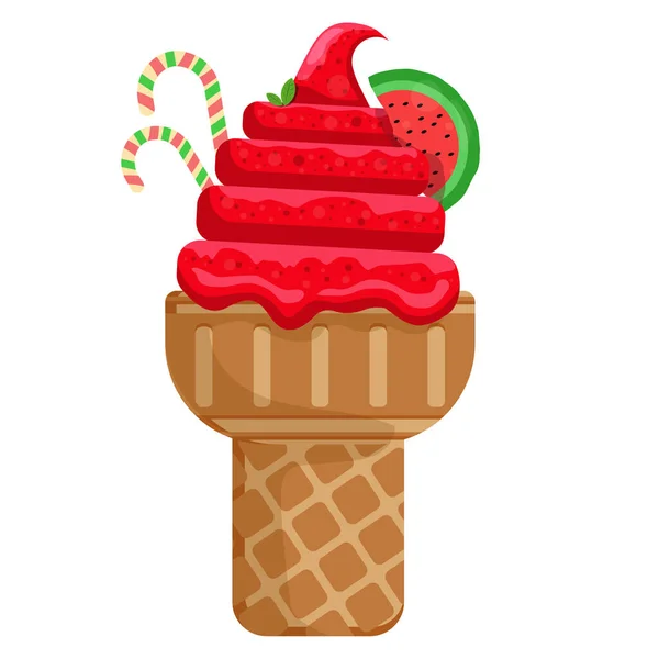 Illustrazione Vettoriale Delizioso Gelato Colorato Cono Cialda Icecream Anguria Scoop — Vettoriale Stock