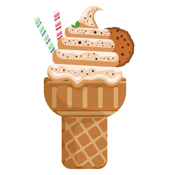 Ilustração Vetor Delicioso Cone Waffle Sorvete Colorido Icecream Chocolate Biscoito — Vetor de Stock