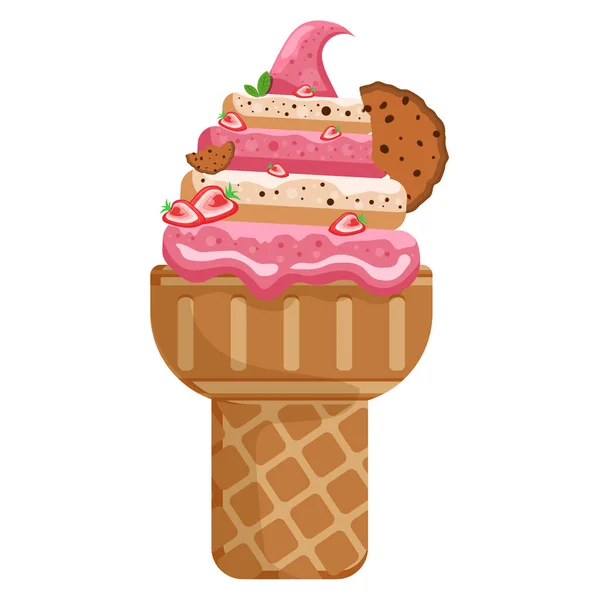 ベクトルイラストおいしいカラフルなアイスクリームワッフルコーン アイスクリームストロベリークッキーはワッフルコーンをスクープします 白を背景に ポスター Tシャツのアイデア ベクトルアイコンアイスクリームコーン — ストックベクタ