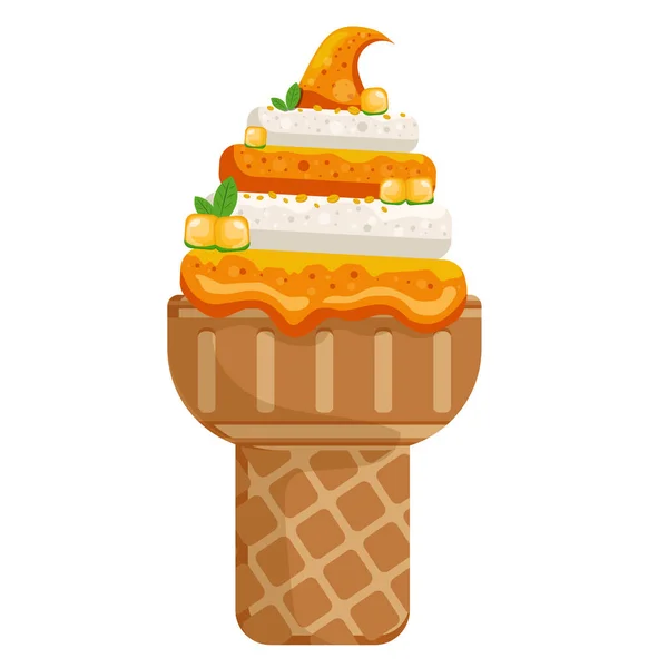 病媒说明美味的彩色冰淇淋华夫饼锥形 Icecream芒果椰子勺华夫饼筒 背景为白色 T恤的创意 矢量图标冰淇淋锥形 — 图库矢量图片