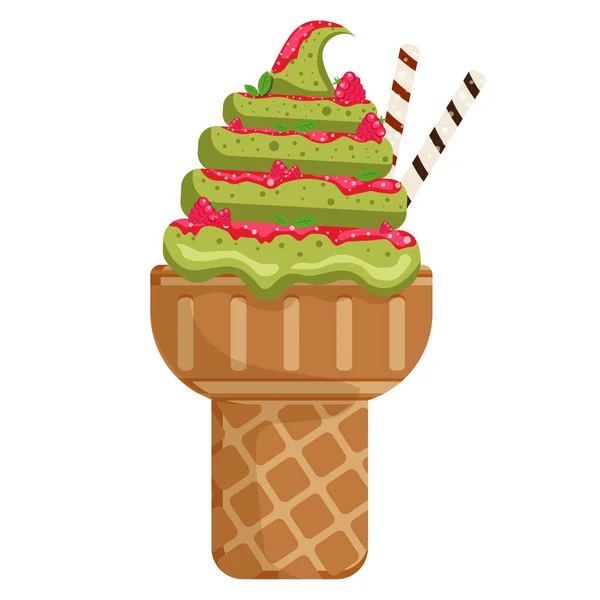 Ilustración Vectorial Delicioso Helado Colores Cono Gofre Icecream Verde Frambuesa — Archivo Imágenes Vectoriales