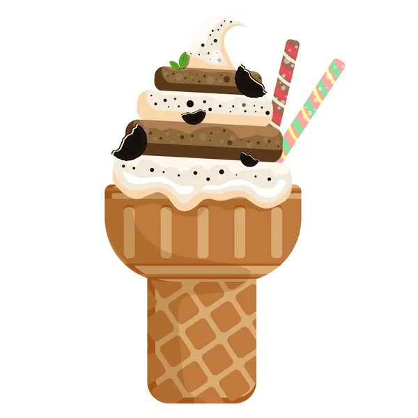 Ilustração Vetor Delicioso Cone Waffle Sorvete Colorido Icecream Café Biscoito — Vetor de Stock