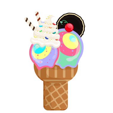 Vektör çizimi leziz renkli dondurma külahı. Icecream chochip creamscoops waffle konisi. Beyaz arka planda. Poster, ürün ve tişört fikri. Vektör simgesi dondurma külahı.