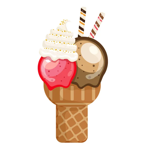 Vector Illustratie Heerlijke Kleurrijke Ijs Wafel Kegel Icecream Aardbeien Chocolade — Stockvector