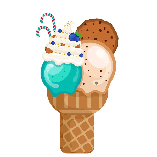 Vector Illustratie Heerlijke Kleurrijke Ijs Wafel Kegel Icecream Bosbessen Koekjesroom — Stockvector