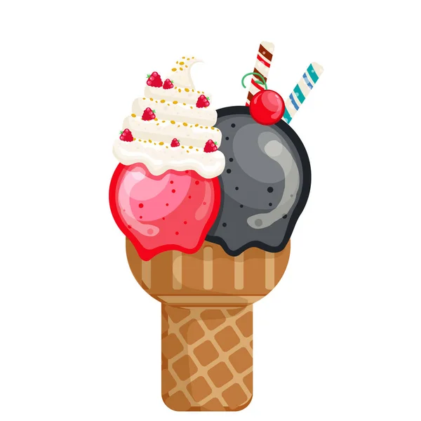 Vector Illustratie Heerlijke Kleurrijke Ijs Wafel Kegel Icecream Aardbei Zwarte — Stockvector