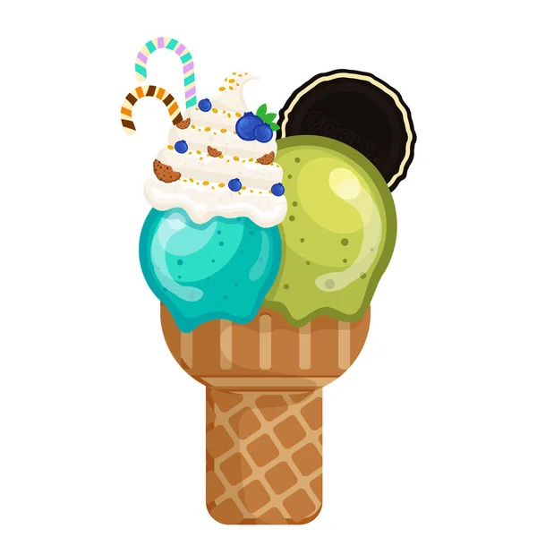 Vector Illustratie Heerlijke Kleurrijke Ijs Wafel Kegel Icecream Chochip Crèmebolletjes — Stockvector