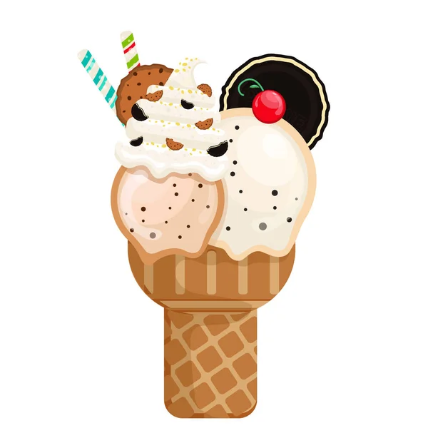 Ilustração Vetor Delicioso Cone Waffle Sorvete Colorido Icecream Chochip Creamscoops — Vetor de Stock