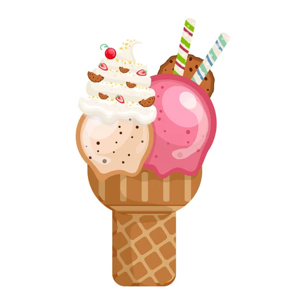 Vector Illustratie Heerlijke Kleurrijke Ijs Wafel Kegel Icecream Koekje Aardbei — Stockvector