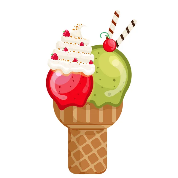 Vector Illustratie Heerlijke Kleurrijke Ijs Wafel Kegel Icecream Koffie Koekjesroom — Stockvector