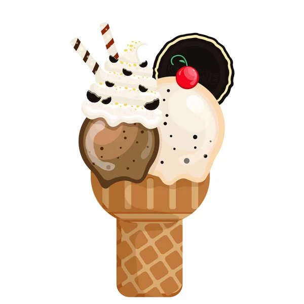 Vector Illustration Köstliche Bunte Eis Waffelkegel Eiskaffee Cookie Creme Schöpft — Stockvektor