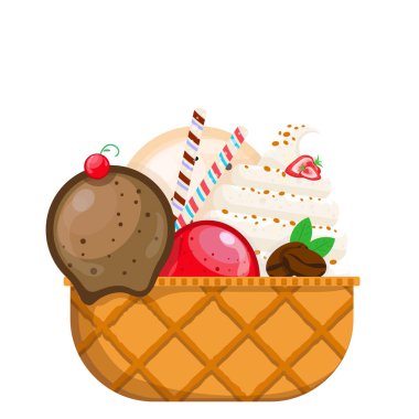 Lezzetli renkli dondurma külahının vektör çizimi. Bir sürü çeşit dondurma kepçesi waffle külahı. Beyaz arka planda. Poster, ürün, tişört fikri. Vektör simgesi dondurma külahı.