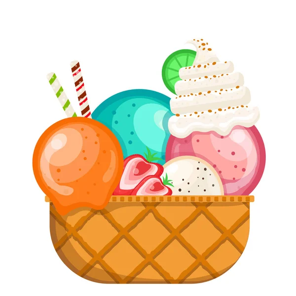 おいしいカラフルなアイスクリームワッフルコーンのベクトルイラスト アイスクリームのスコップワッフルコーンの多くの味 白を背景に ポスター Tシャツのアイデア ベクトルアイコンアイスクリームコーン — ストックベクタ