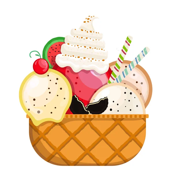 Εικονογράφηση Διάνυσμα Νόστιμα Πολύχρωμα Παγωτό Βάφλα Κώνου Πολλές Γεύσεις Παγωτού — Διανυσματικό Αρχείο