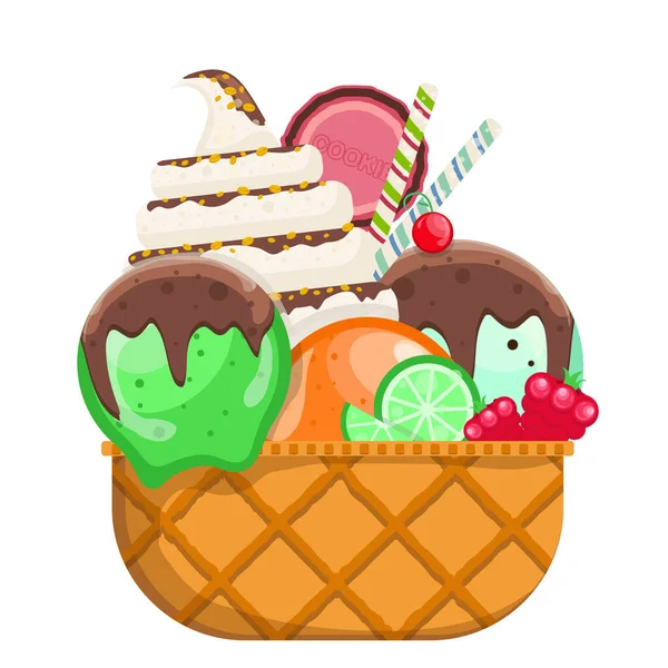 Vector Illustration Delicious Colorful Ice Cream Waffle Cone Many Flavors — Stock Vector