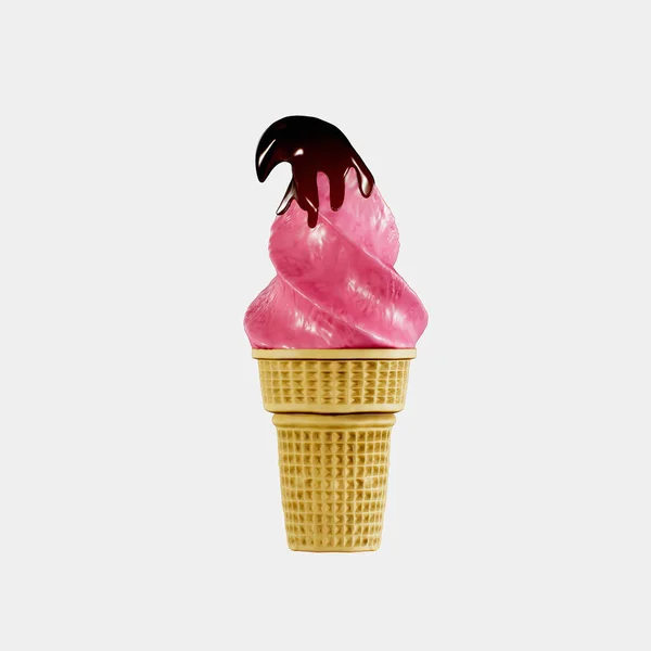 stock image Ice cream strawberry in a waffle cone is delicious. Highly detailed 3d rendering illustration mock-up front view. Blank Isolated on white background.