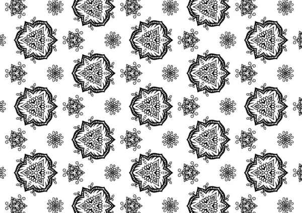 花型和几何元素 无缝化的植物族图案 阿拉伯印地安人的图案摘要花卉饰品细线 矢量壁纸背景布黑白平面设计 — 图库矢量图片