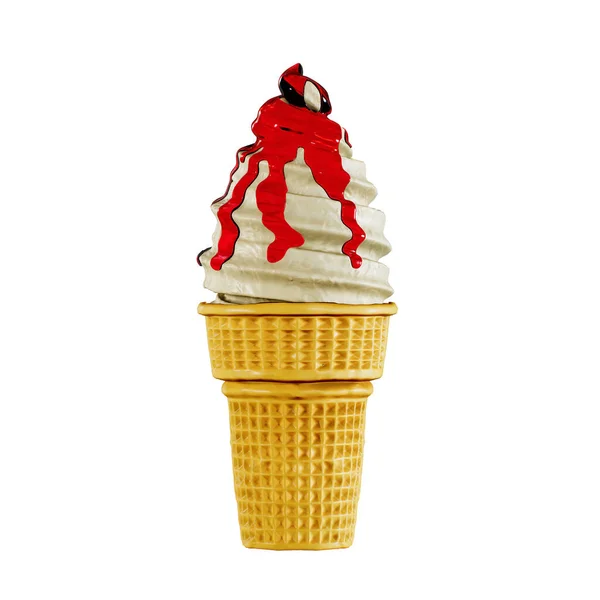 Ice cream vanilla in a waffle cone is delicious. Highly detailed 3d rendering illustration mock-up side view close up. Blank Isolated on white background.