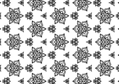 Desen Çiçek ve Geometrik elementler. Kusursuz Çiçeksiz Etnik Şablon. Arap Kızılderili Motifleri Soyut Çiçek Süsleme Çizgisi. Vektör Duvar Kağıdı Kumaş Kağıt Siyah ve Beyaz Grafik Tasarımı