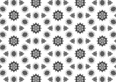 Desen Çiçek ve Geometrik elementler. Kusursuz Çiçeksiz Etnik Şablon. Arap Kızılderili Motifleri Soyut Çiçek Süsleme Çizgisi. Vektör Duvar Kağıdı Kumaş Kağıt Siyah ve Beyaz Grafik Tasarımı