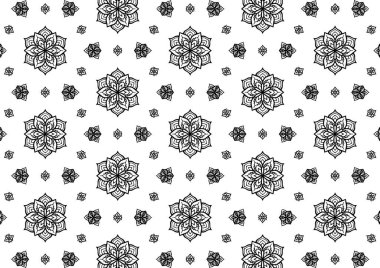 Desen Çiçek ve Geometrik elementler. Kusursuz Çiçeksiz Etnik Şablon. Arap Kızılderili Motifleri Soyut Çiçek Süsleme Çizgisi. Vektör Duvar Kağıdı Kumaş Kağıt Siyah ve Beyaz Grafik Tasarımı