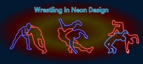 Silhouettes Wrestlers Duel Neon Design — Stock Vector