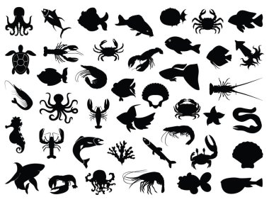 Beyaz arka planda deniz ürünleri silueti vektör sanatı