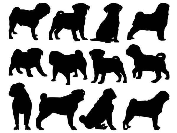 Zestaw Figur Wektorowych Pug Dog Silhouette — Wektor stockowy