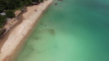 Koh Samui 'deki Chaweng Sahili 4K Hava Aracı, Beyaz Kum Sahili, Kristal Temiz Su, Palmiye Ağaçları ve Tekneler