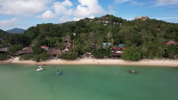 Koh Tao的Chalok Baan Kao湾海滩 迷人的白色沙滩 水晶清水 棕榈树和小船的4K空中无人机图像 — 图库视频影像