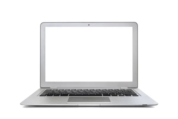 Laptop Com Tela Branca Isolada Fundo Branco Tecnologias Digitais — Fotografia de Stock