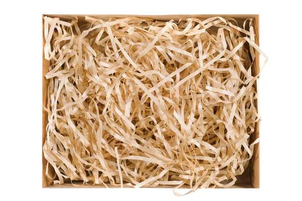 stock image Open cardboard box and straw isolated on a white background. Secure delivery service.