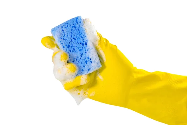 手套手拿着肥皂泡海绵洗碗 用白色背景隔开 — 图库照片