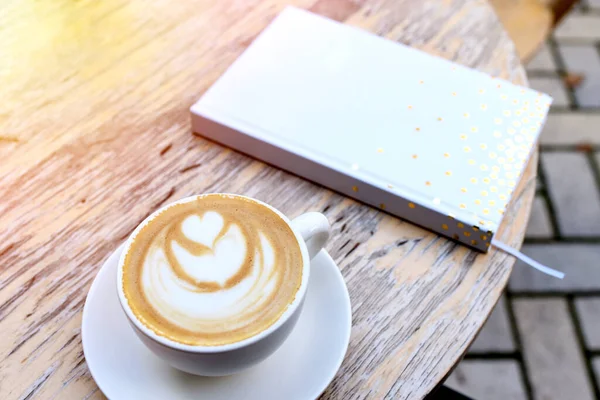 White Cup Coffee Notebook Close Sunny Day — Stock Photo, Image
