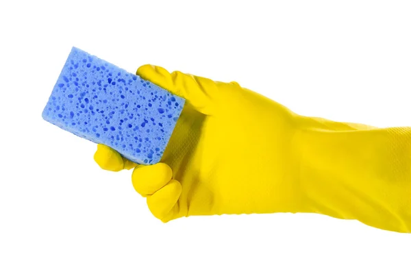用海绵擦洗女用的盘子 把一只黄色的手套放在白色的背景上隔离 — 图库照片