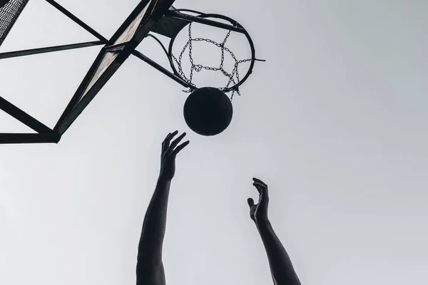 Silhouette Hands Basketball Player Throwing Ball Basket Background Sky Sports — Stock Photo, Image