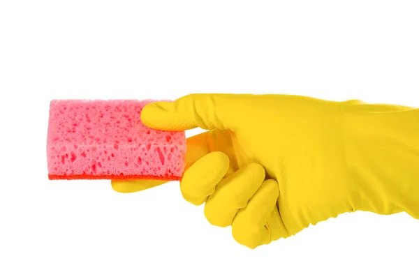 Sarı Lastik Eldivenli Bir Elde Bulaşık Yıkamak Için Sünger Temizlik — Stok fotoğraf