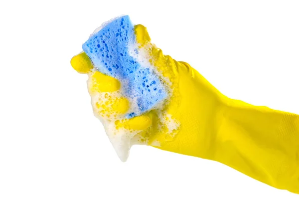 一只戴防护手套的手拿着一块用白色隔开的肥皂泡海绵 房屋清洁概念 — 图库照片