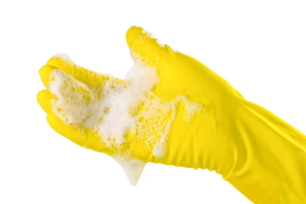 清洁房屋的概念 肥皂泡在白色的黄色防护手套里交手 后续行动 — 图库照片