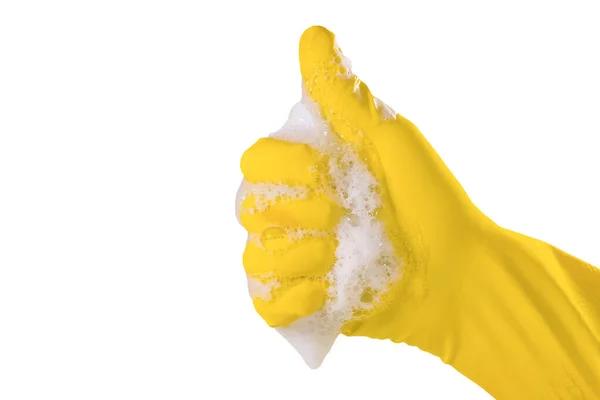 Hand Hand Einem Gelben Gummihandschuh Seifenschaum Isoliert Auf Weißem Hintergrund — Stockfoto