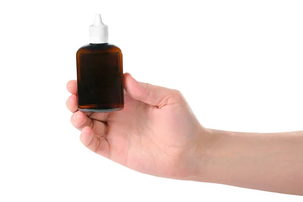 Hand Hält Eine Flasche Mit Medikamenten Isoliert Auf Weiß Gesundheitskonzept — Stockfoto