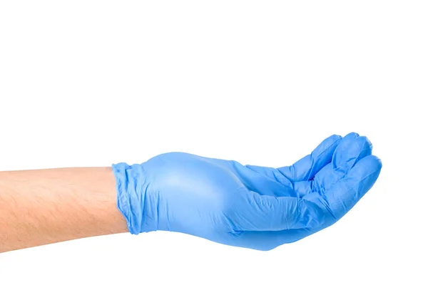 Mano Guanto Medico Blu Isolato Bianco Protezione Contro Batteri Germi — Foto Stock