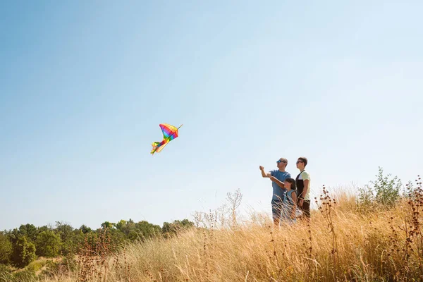 Happy family father with children fly a kite in the field outdoors. Side view.