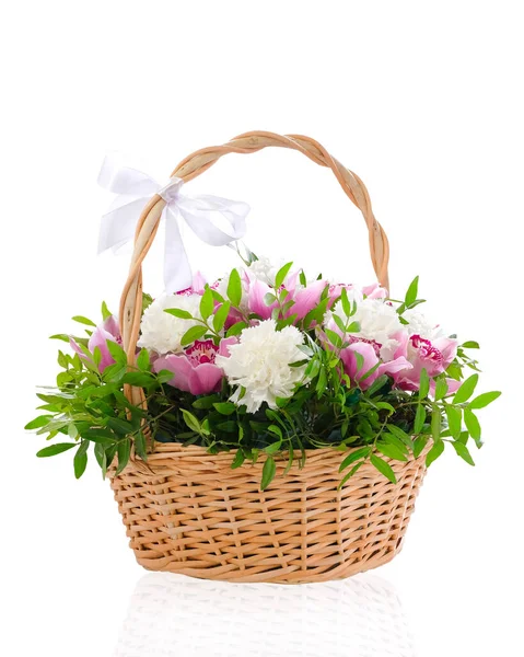Basket Colorful Flowers Isolated White Chrysanthemum Carnation Basket Close — Stock Photo, Image