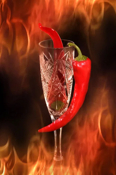 Beautiful Red Chili Pepper Glass Fire Black Background — Stock Photo, Image